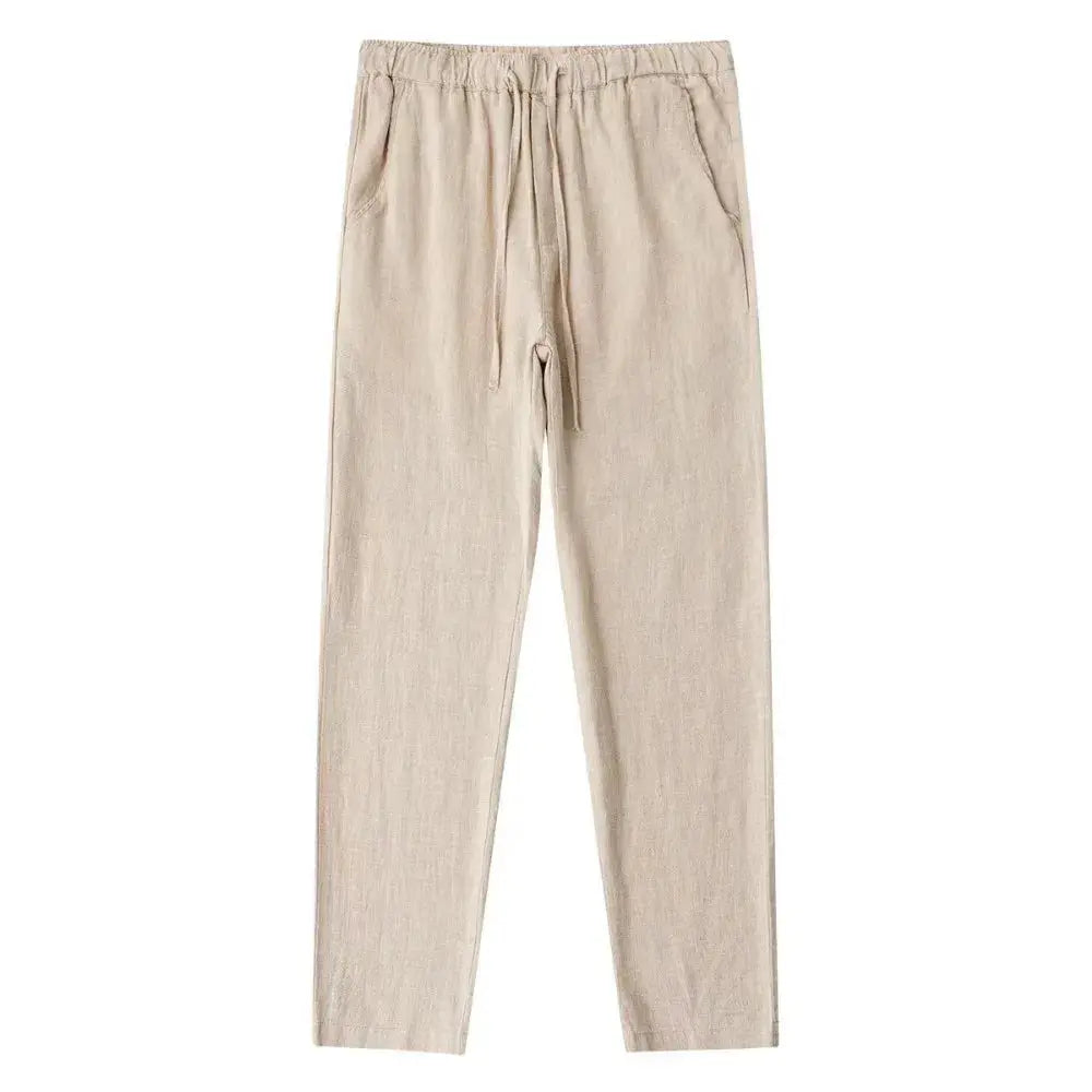 Men's Cotton Linen Pants Breathable Autumn Solid Color Linen Trousers With Elastic Waist And Straight Leg With Pockets