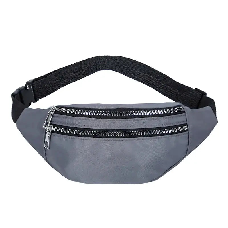 Fanny pack waist bag in gray with dual zipper pockets and an adjustable black strap.