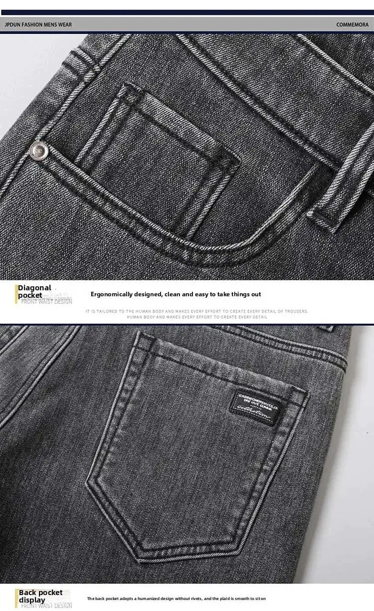 Men's dark denim jeans with front coin pocket and back pocket label patch