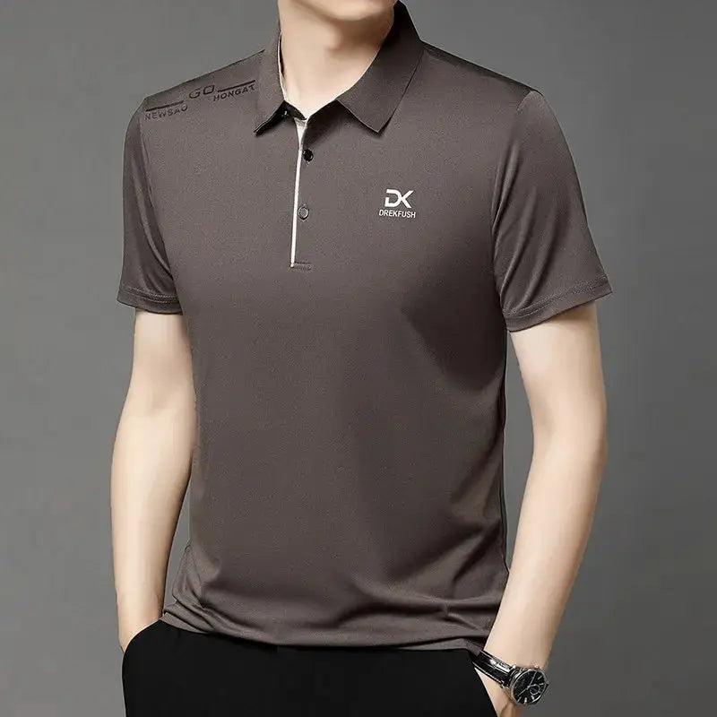 Men's polo shirt, dark gray, short sleeves, DX logo badge on chest
