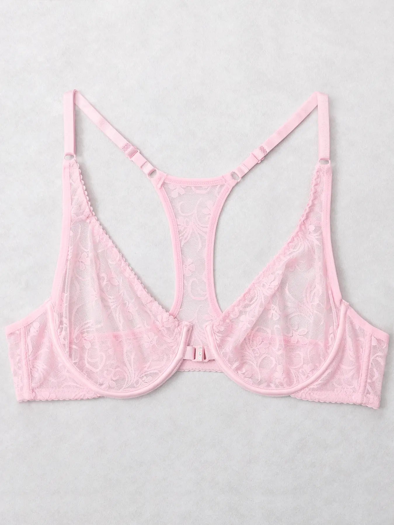 Pink lace bralette with floral pattern, front hook closure, and adjustable straps.
