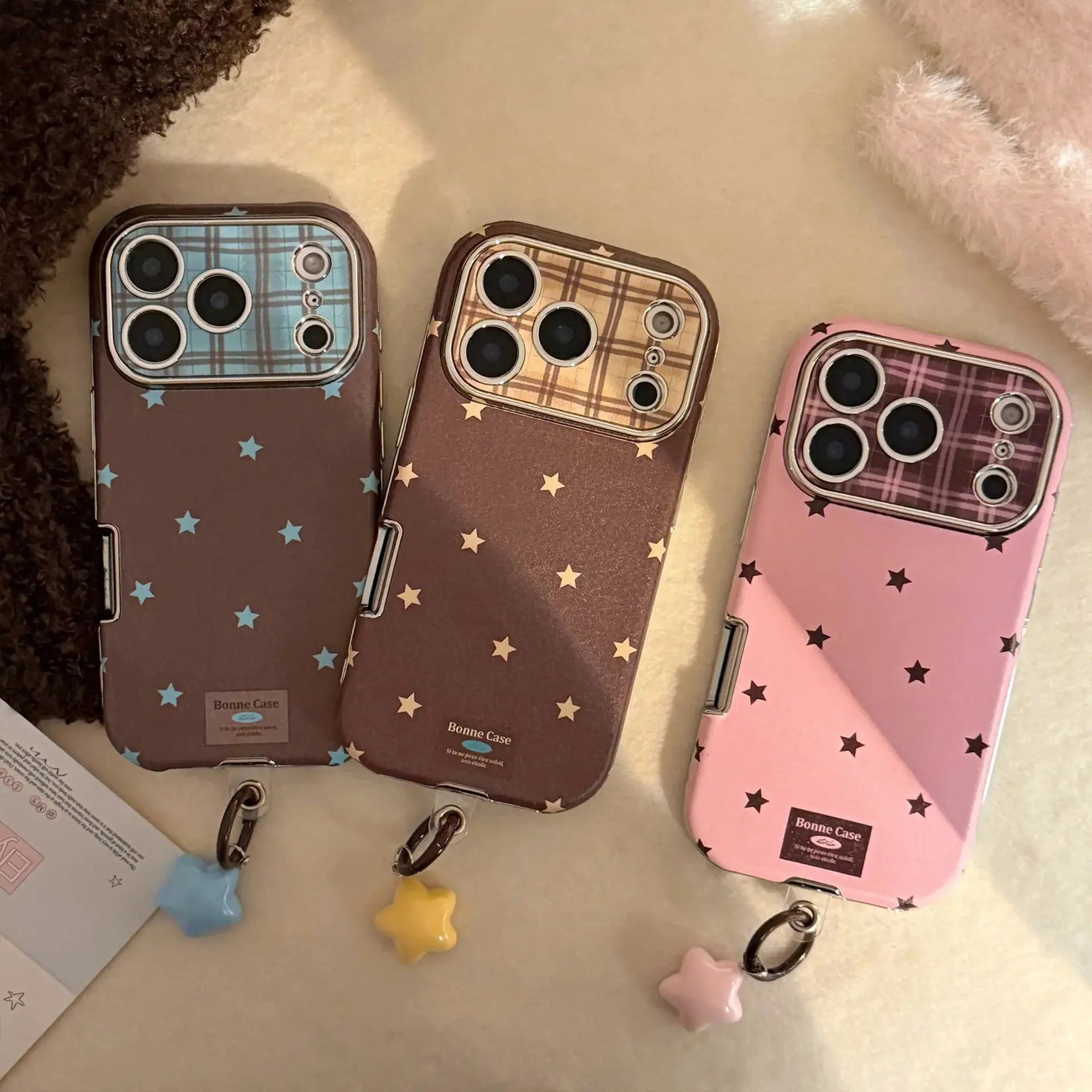 Korean Retro Stars plating leather-texture phone case set for iPhone in blue brown pink with pendant, shockproof