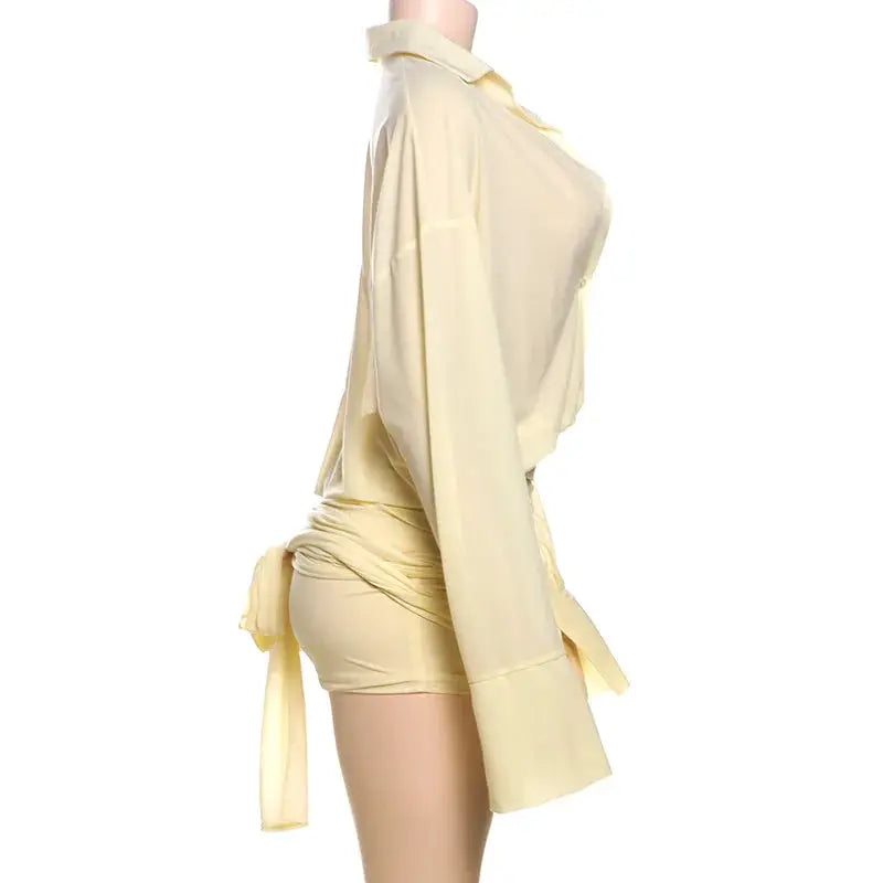 See Through Mini Dress With Flare Sleeves Ruched Bandage Club Party