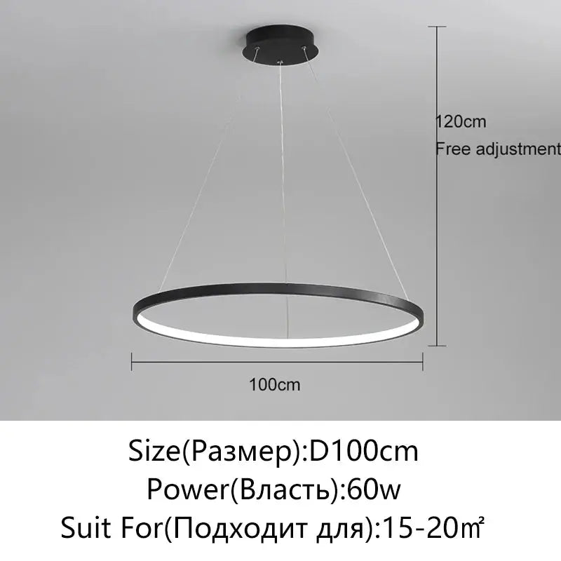 Modern round LED pendant light by Simples Market, black ring with white glow, 100cm diameter, adjustable 120cm height