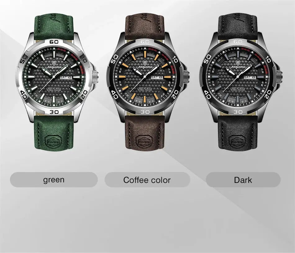 PAAZOMU men's luxury quartz wristwatch with stainless steel case; three strap colors: green, coffee, and black.
