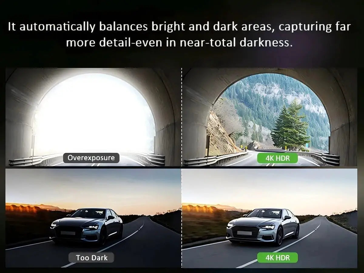 Dash cam for cars by Simples Market—4K UHD front/rear, HDR night vision with built-in Wi-Fi and 24h parking mode.
