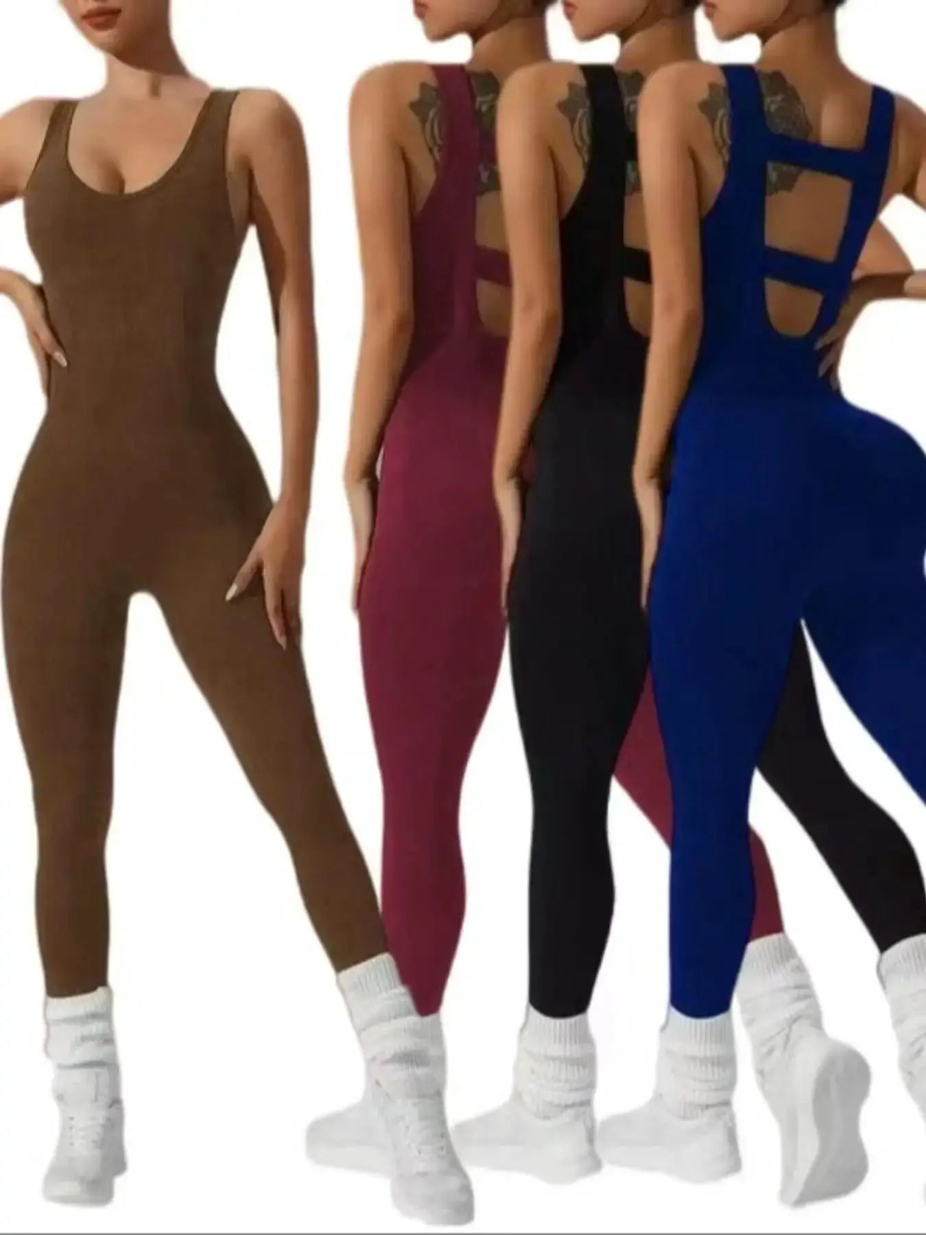 Women's hollow-back vest jumpsuits in 4 colors; elastic, soft yoga running suit by Simples Market