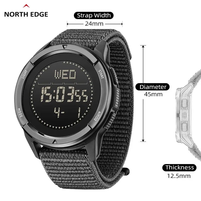 North Edge Alps men's digital watch with black fabric strap and carbon-fiber bezel, 45mm diameter
