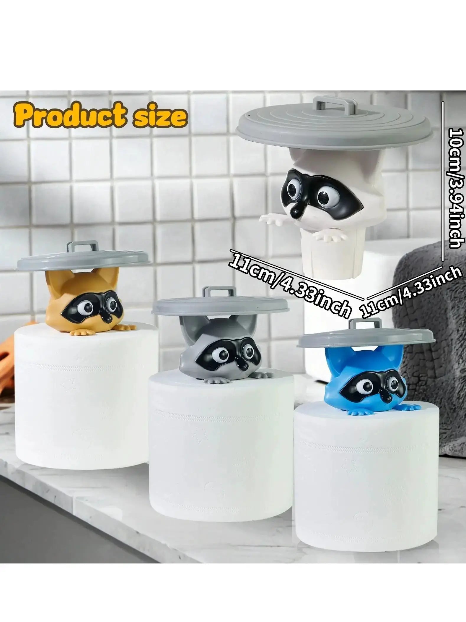 Toilet paper holder set with four animal characters and gray lids