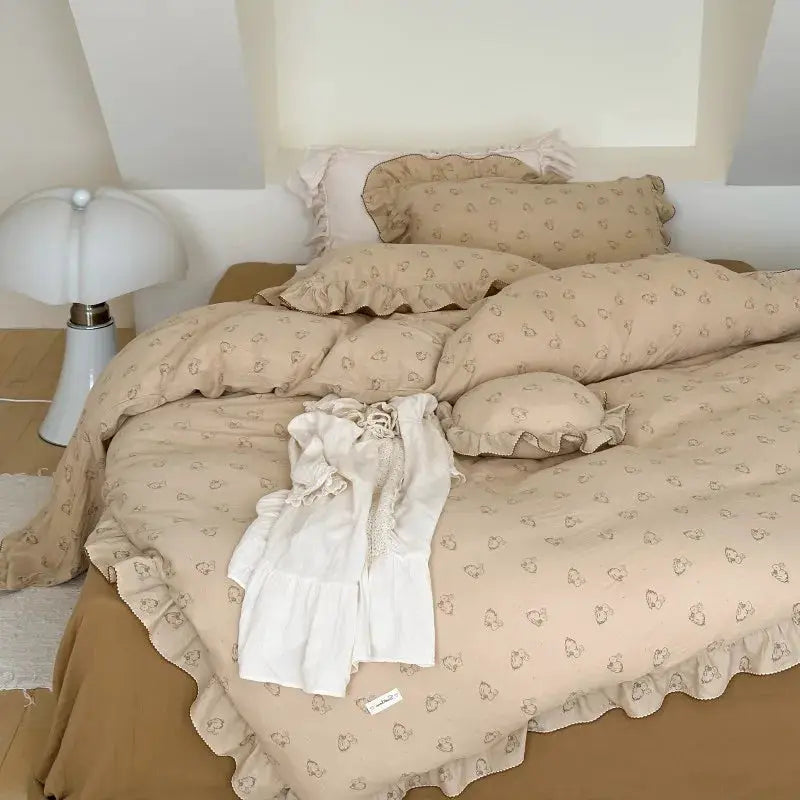 Simples Market INS Princess ruffle-edge gauze duvet cover with 2 beige floral pillowcases, 3-piece bedding set