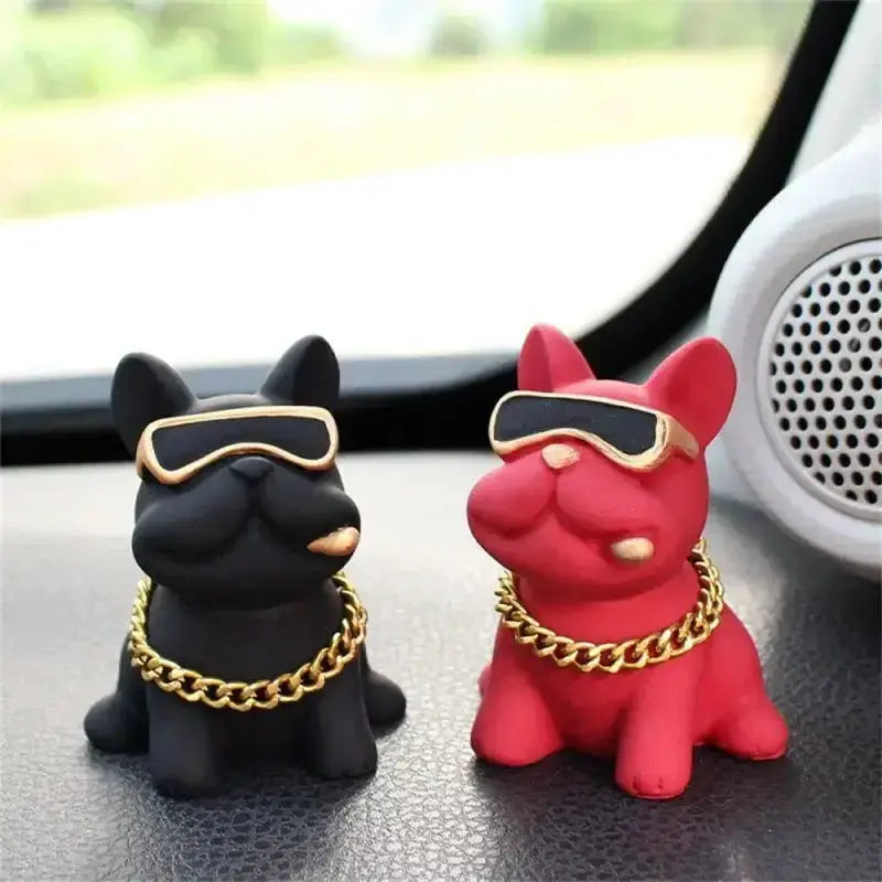 Wear-resistant bulldog car ornament pair in black and red resin with sunglasses and gold chains for dashboard decor