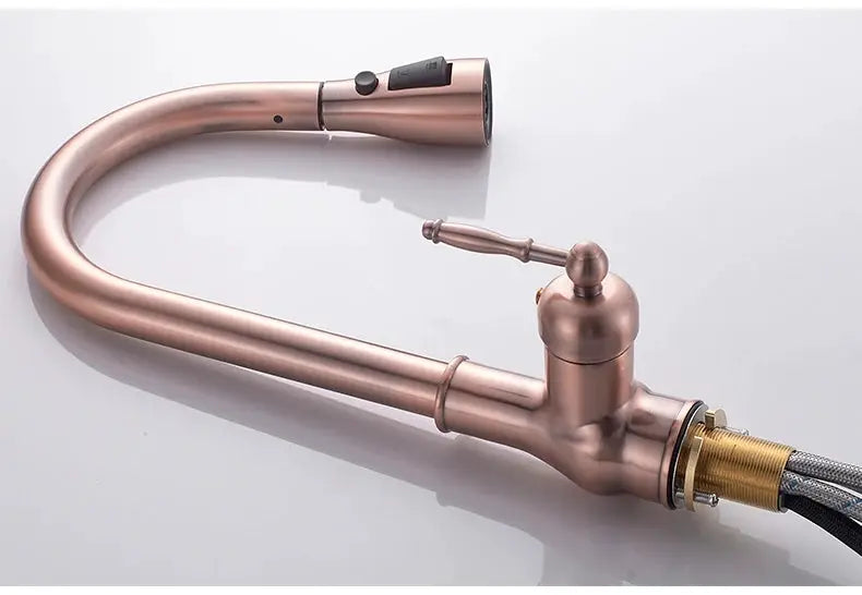 Pull-out antique bronze gooseneck kitchen faucet with hot/cold control and sprayer