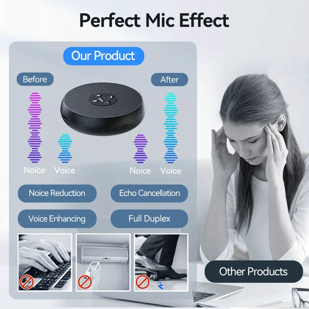 Conference speakerphone with two mics, black, 360° voice pickup, noise reduction and echo cancellation