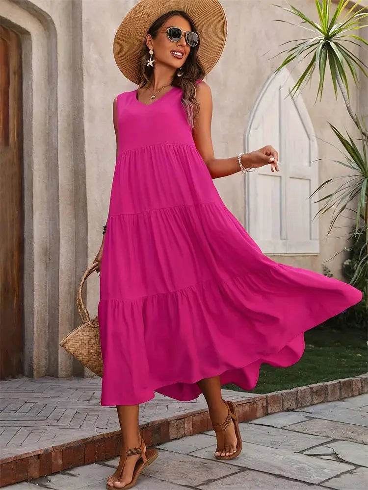 Elegant Summer Dress For Women Loose A Line Midi With V Neck Casual Sophistication In Yellow And Black