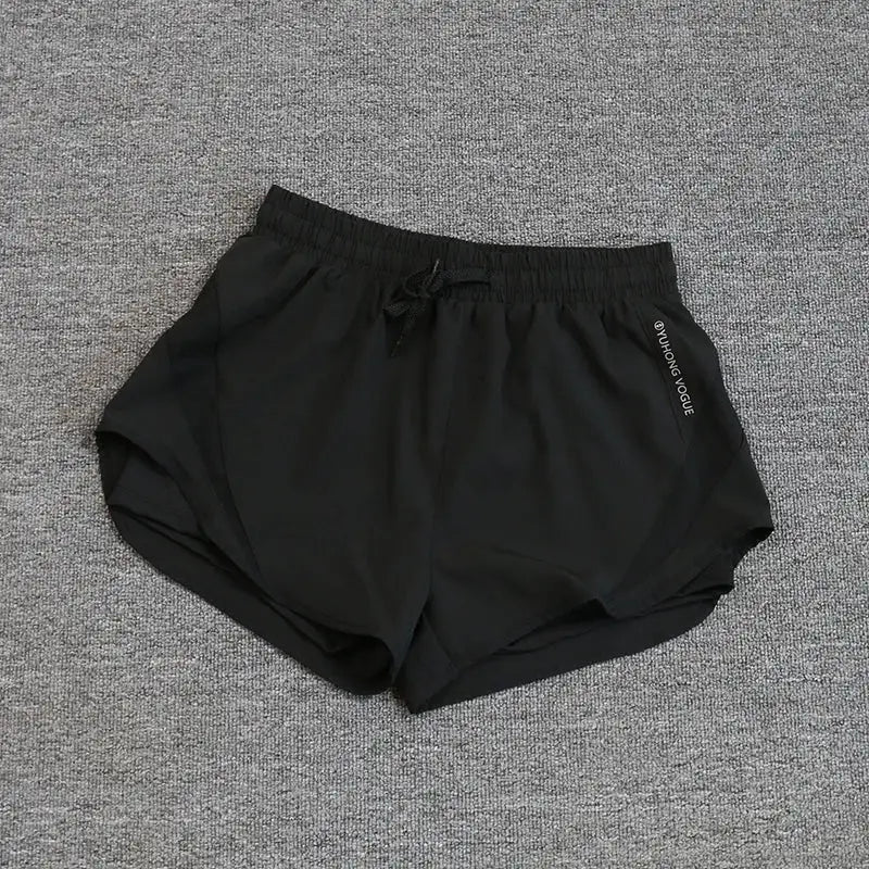 Women's black fitness running shorts with drawstring, breathable quick-drying fabric