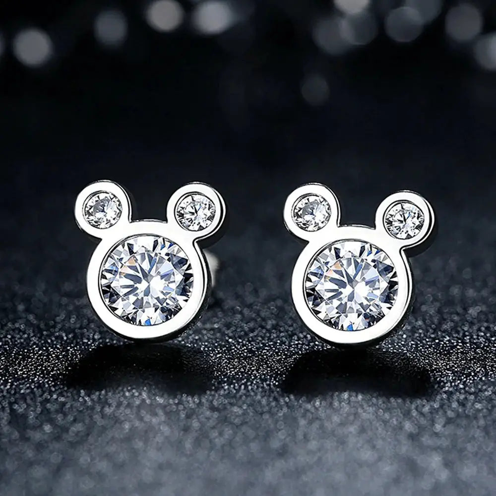 925 Sterling Silver Mouse Cartoon Stud Earrings for Women Girls Dazzling Zircon Gift Jewelry