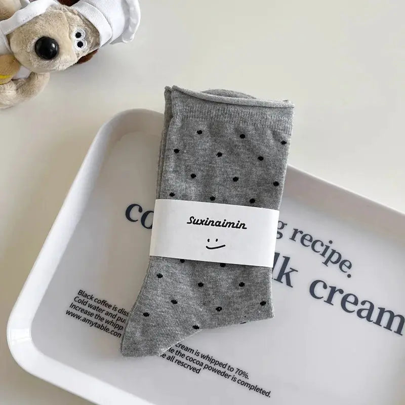 Vintage Cream Curled Edge Polka Dot Mid Tube Socks for Women Spring Summer Artistic Socks
