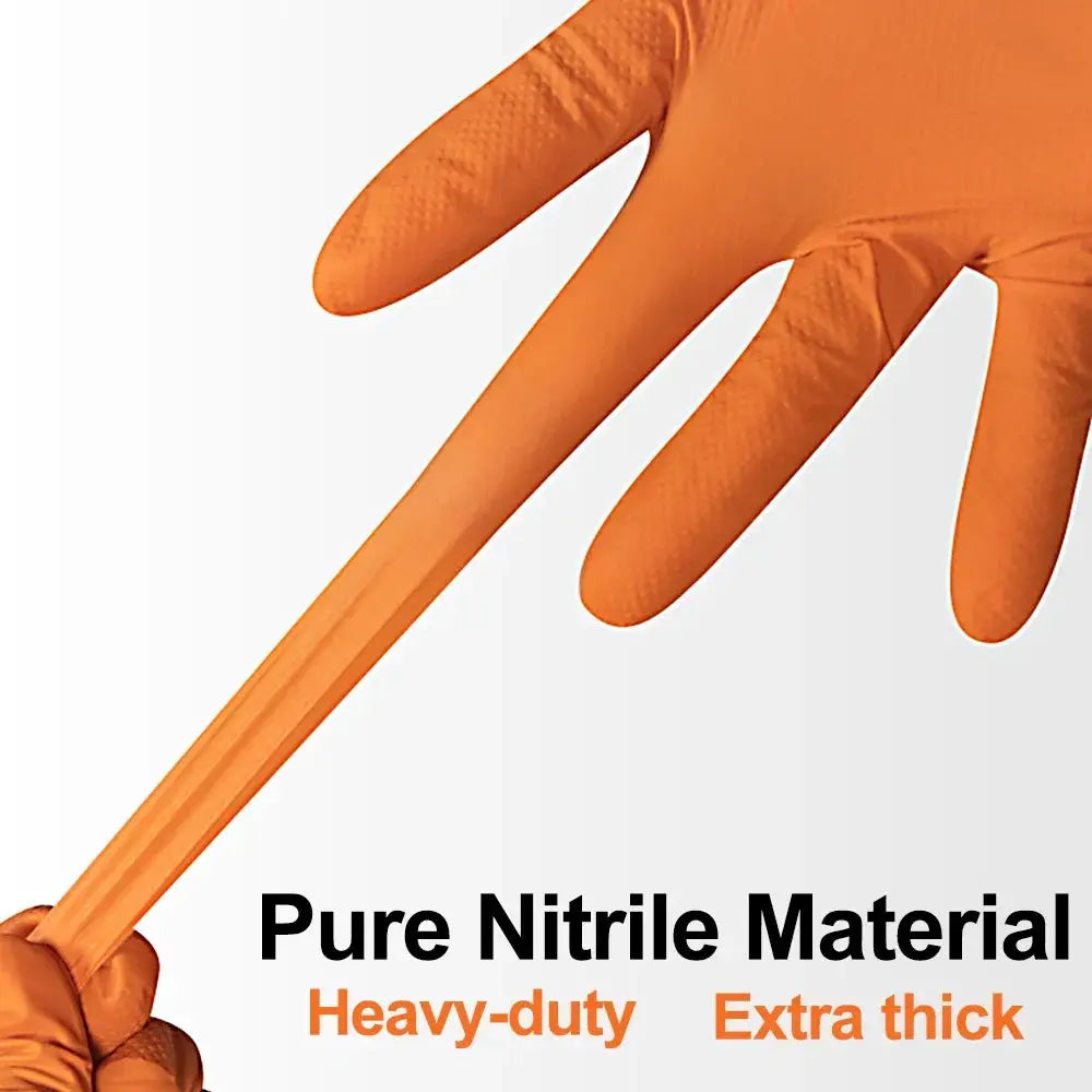 Simples Market heavy-duty nitrile gloves, orange 8mil with textured grip.