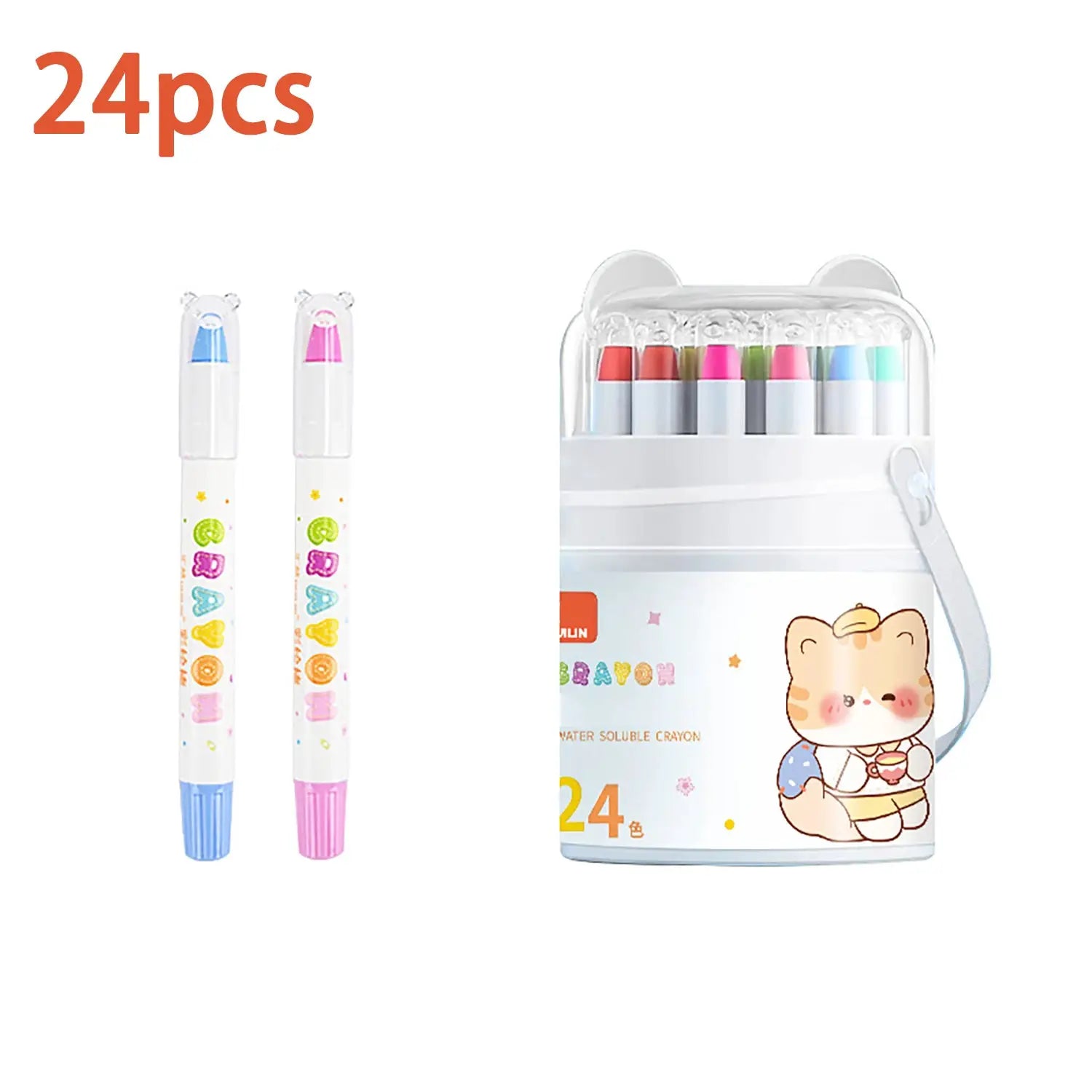 Twistable gel crayons set; 2 pastel crayons beside a 24-color bear-themed case