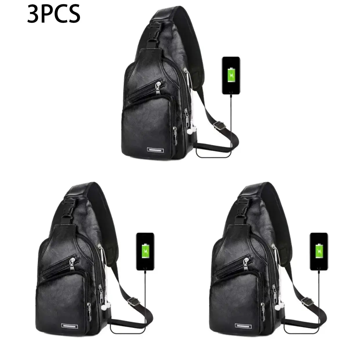Black PU USB-charging crossbody chest bag for commuting, Simples Market, 3-piece set