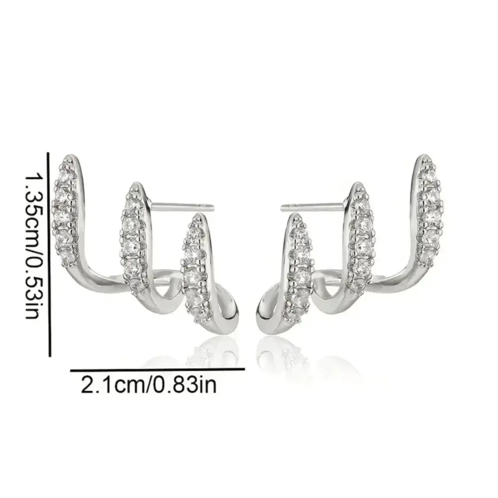 2-piece silver-tone rhinestone three-claw earrings for women; curved hoop design, party jewelry