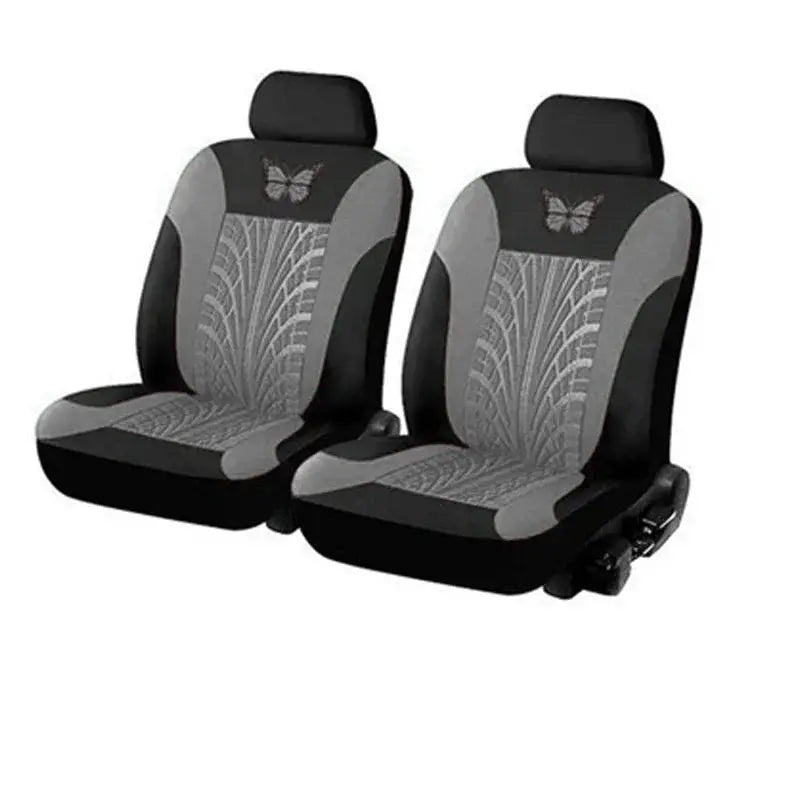 Pair of car seat covers with butterfly embroidery; universal fit, gray and black, Simples Market auto seat covers.