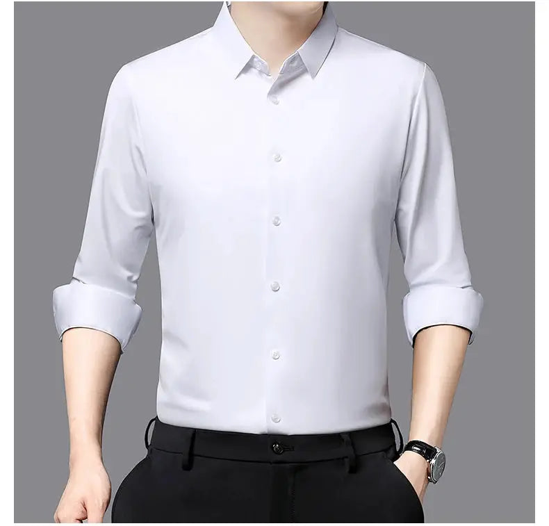 Premium Men's Ultra-Stretch Shirt, white silky fabric, long sleeves, business formal