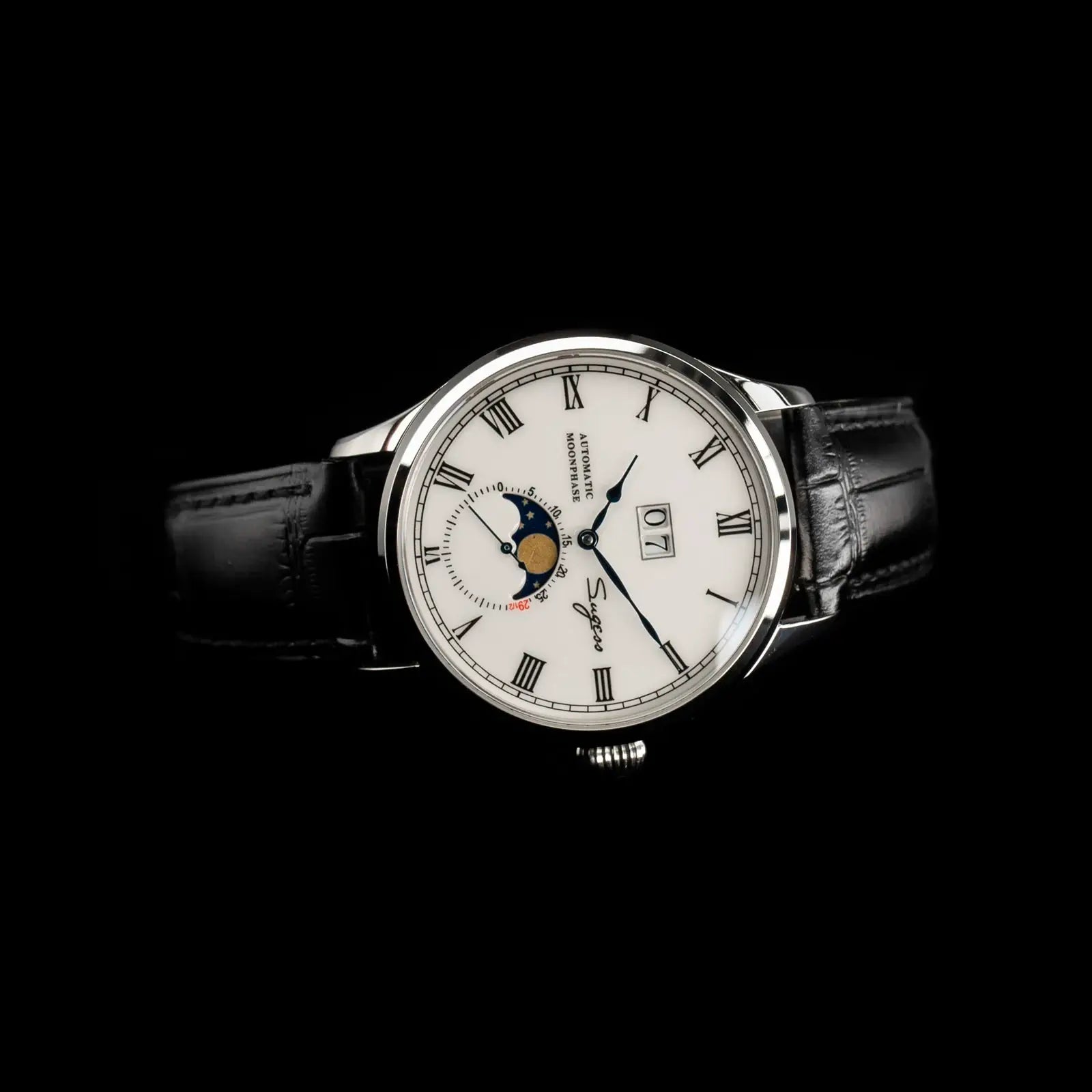 Sugess moonphase automatic men's wristwatch with white dial, Roman numerals, date window, blue moonphase disc, black leather strap