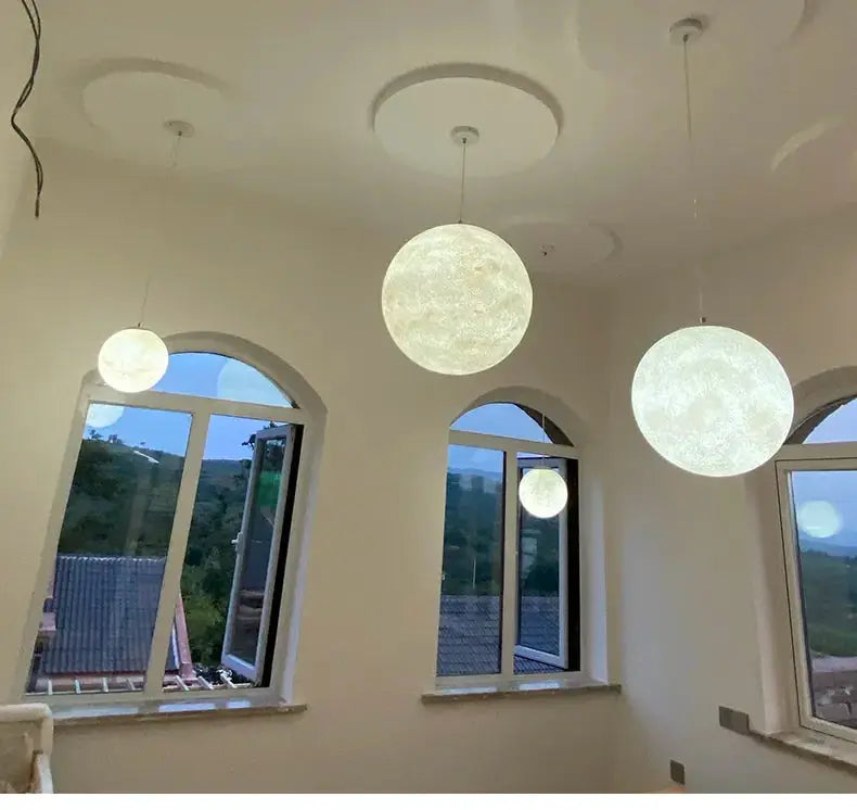 Nordic Moon LED pendant lights by Simples Market, white spherical hanging lamps set of 4