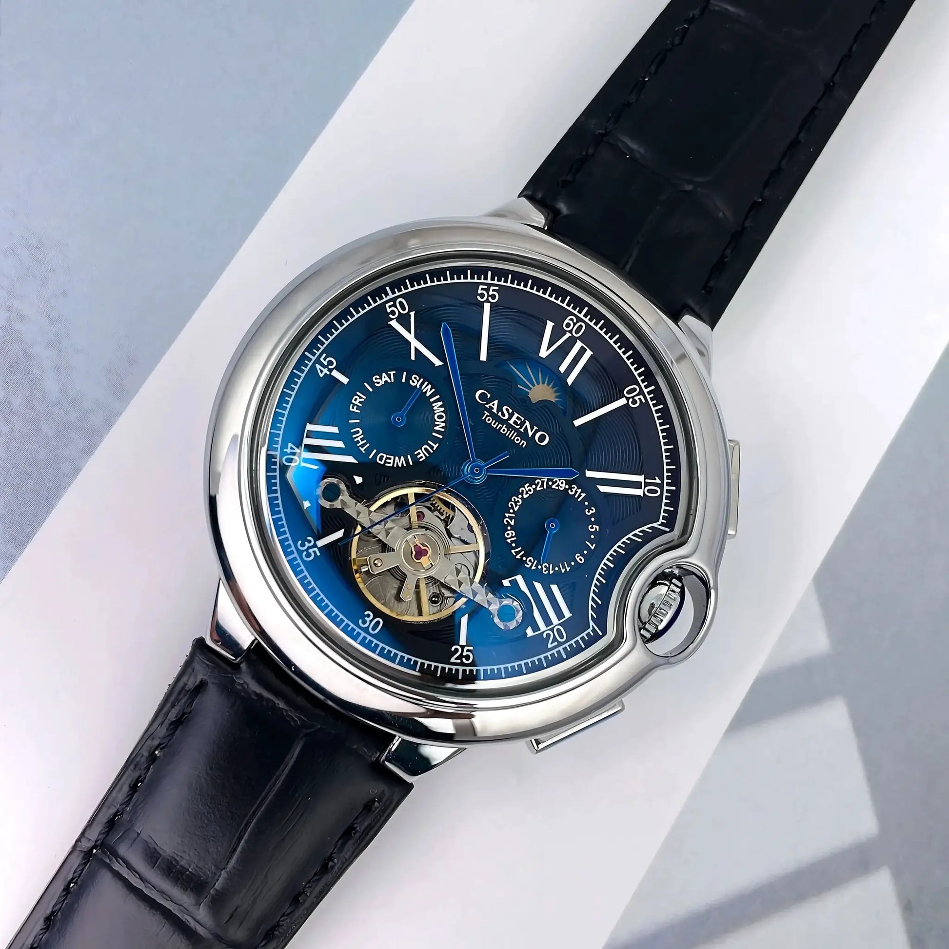 CASENO Star Roman Grand men's automatic tourbillon watch with blue dial and black leather strap