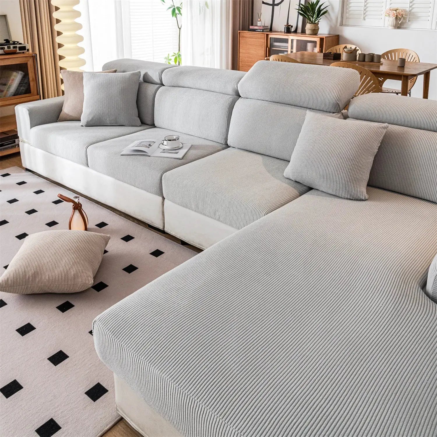 Sofa seat cushion cover by Simples Market: gray stripe Jacquard stretch, removable and washable protector.