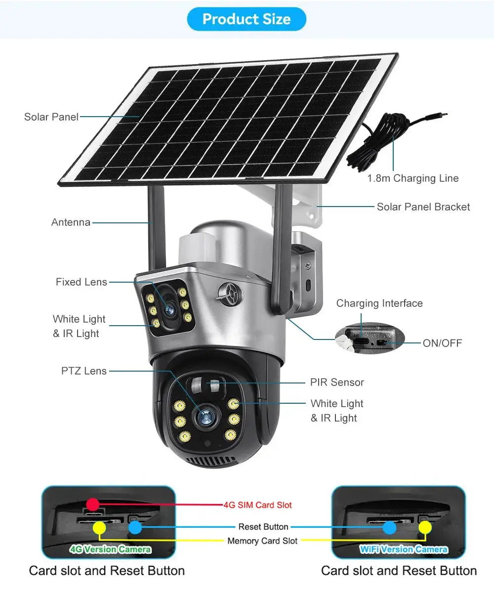 Simples Market 4G/WiFi solar security camera with dual lenses, outdoor IP camera with PIR night vision