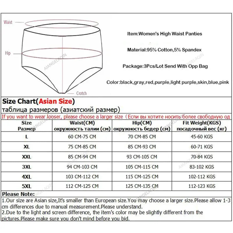 Plus-size high-waist cotton panties, 3-piece set, Simples Market, sizes L–5XL, colors black/gray/red/purple/pink/blue.