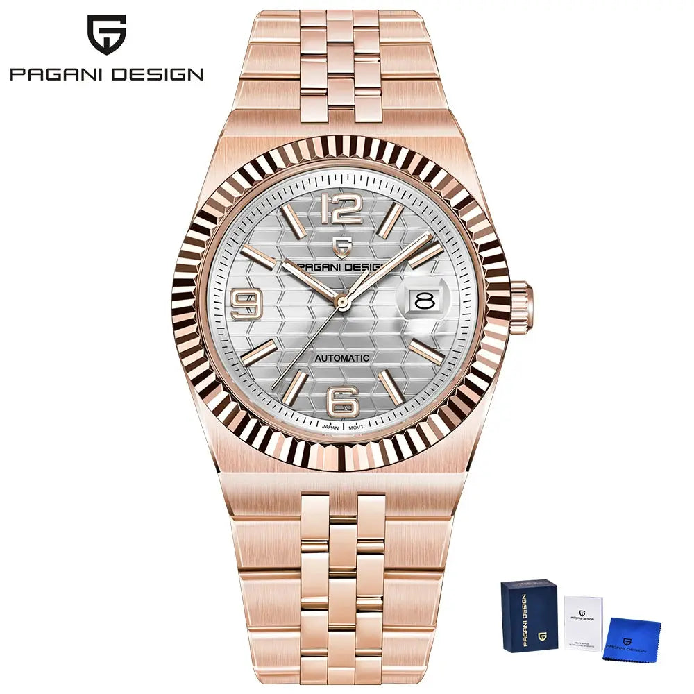 Pagani Design men's rose-gold automatic watch with 3D rhombus dial and AR sapphire crystal