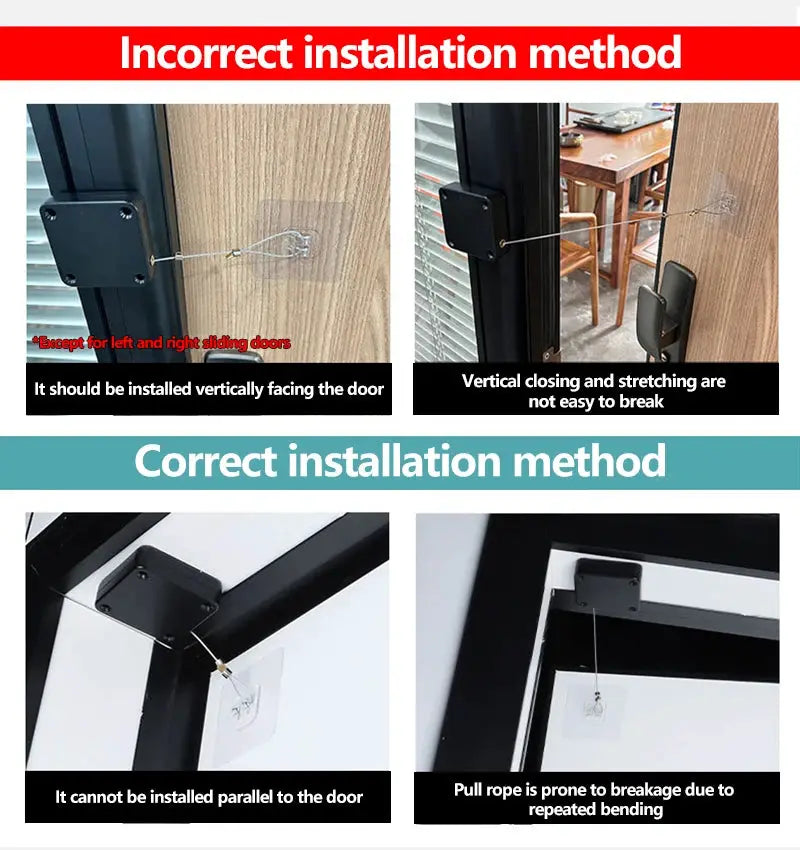 Automatic sensor door closer by Simples Market; punch-free surface door stopper in black, showing incorrect vs correct installation.