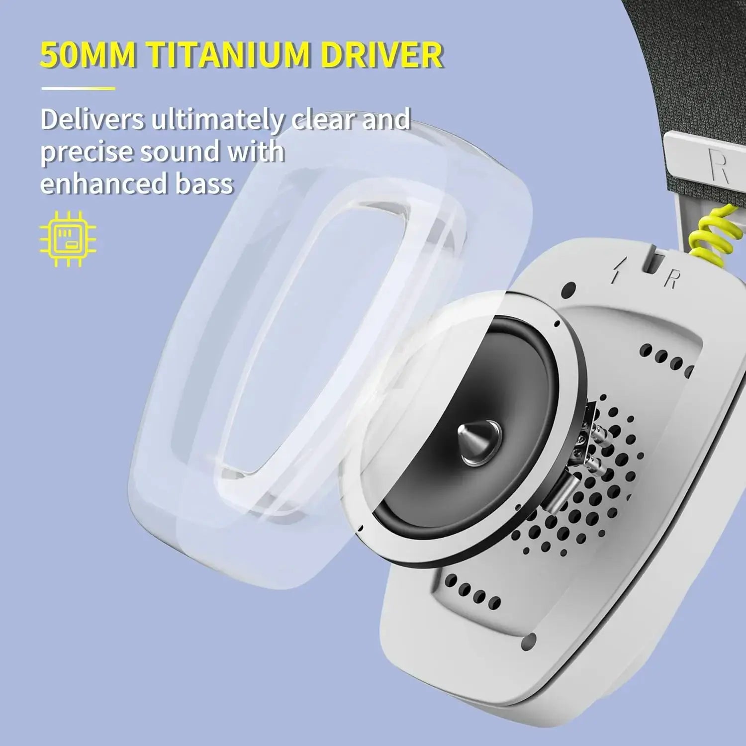 BINNUNE BW06 wireless gaming headset with mic, white design and 50mm titanium driver.
