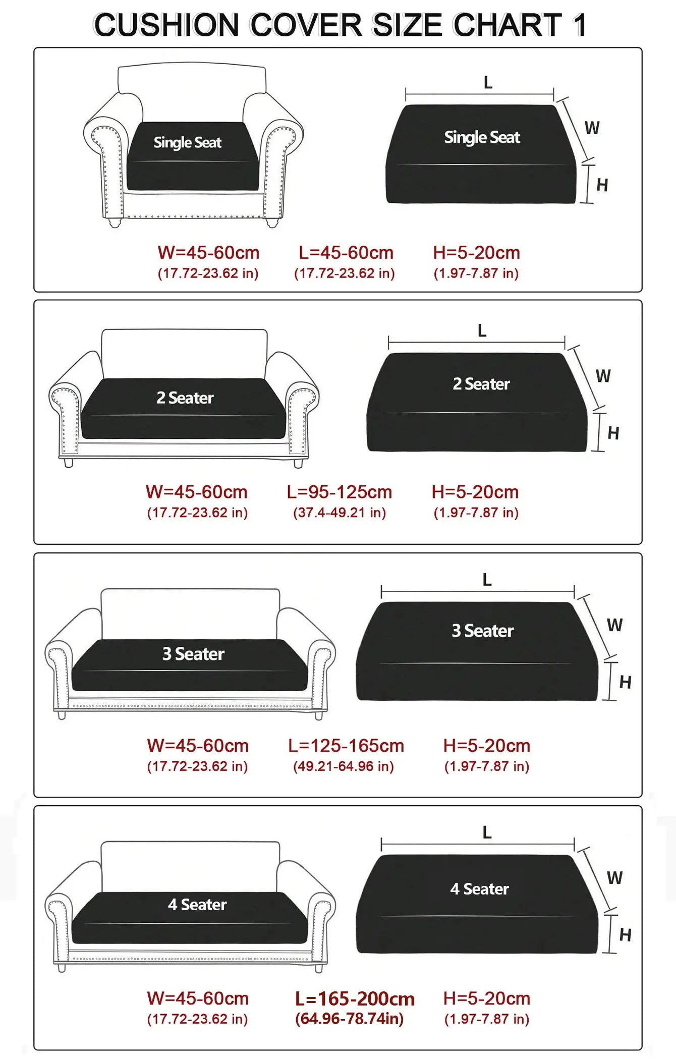 Simples Market plush sofa slipcover, black anti-slip elastic couch cover; fits 1-4 seat sofas; size chart shown