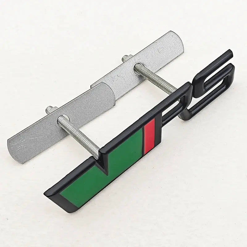 3D metal car badge emblem with green panel and red stripe, mounting screws included