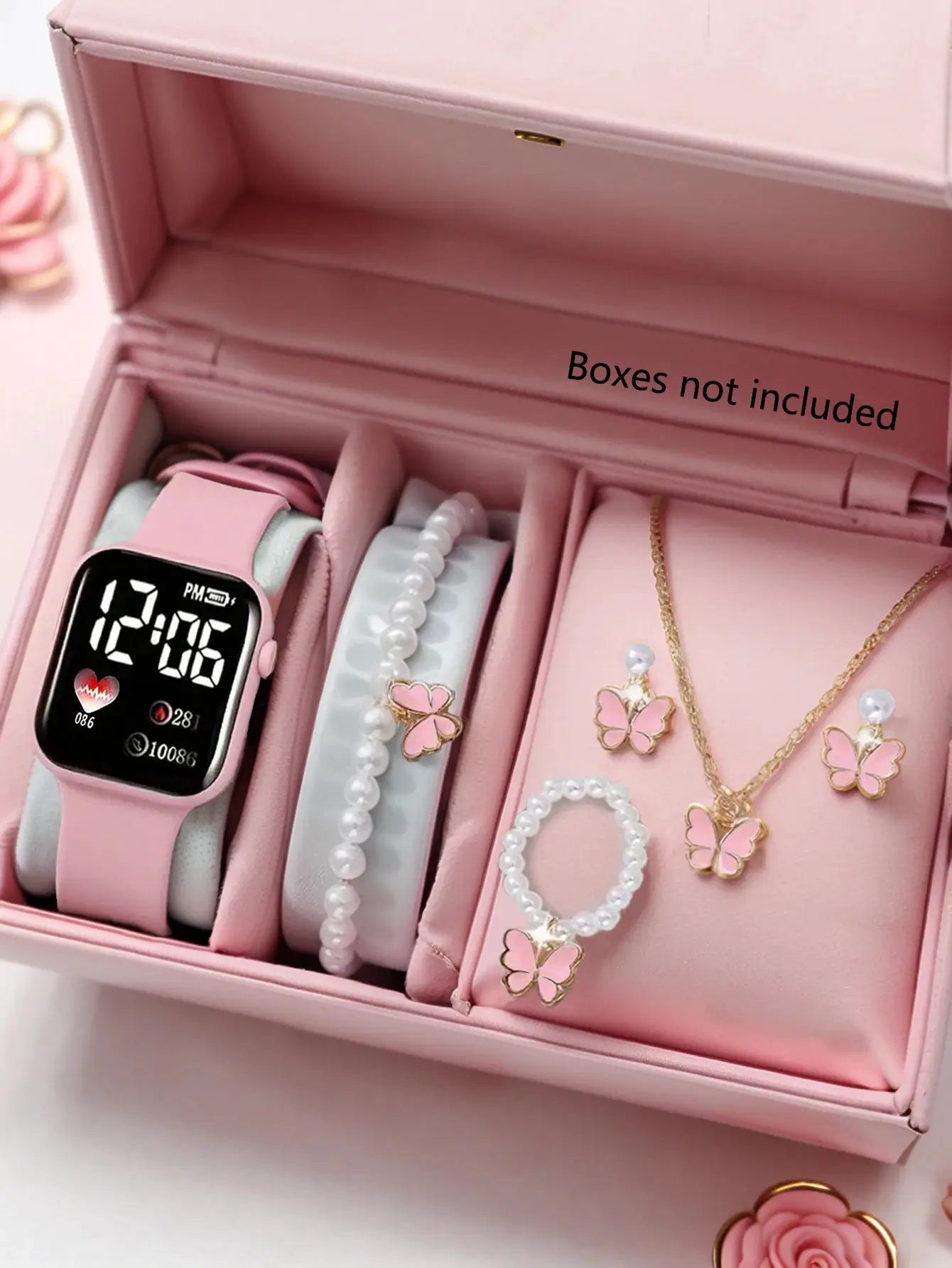 Love Pattern Electronic Watch With Butterfly Accessories Set Birthday Gift For Fashionable Everyday Wear