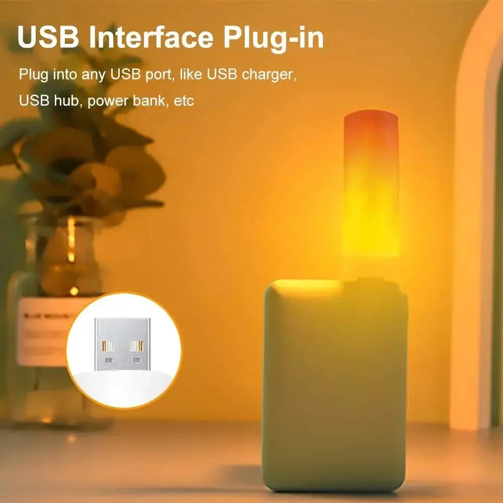 USB LED Night Lamp with flickering flame bulb on a square base, warm amber glow