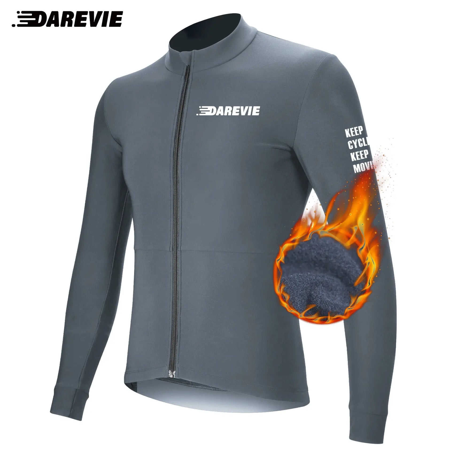 DAREVIE cycling jersey for men; winter thermal fleece, breathable, long sleeves, grey.