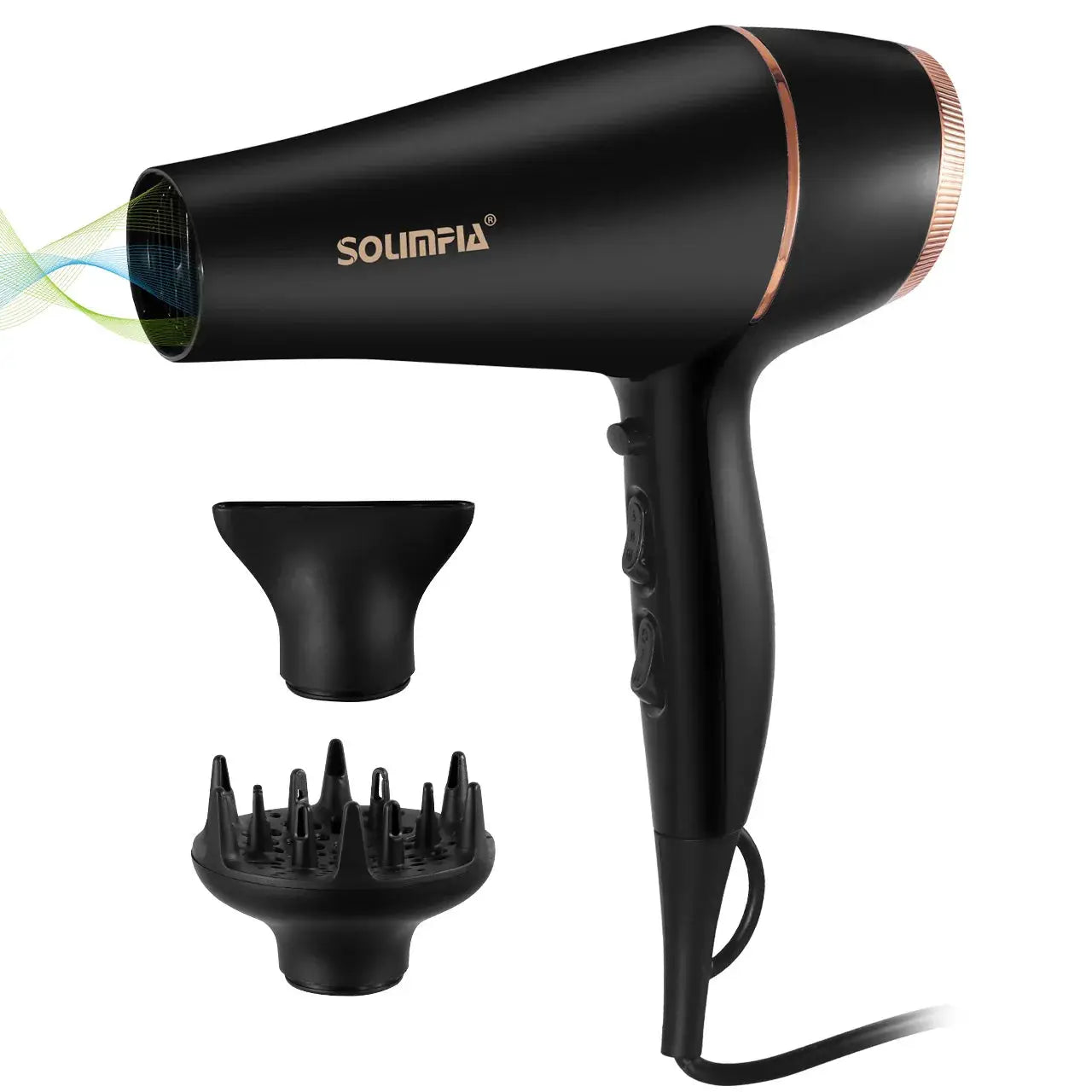 Simples Market 6-level professional hair dryer in black with rose-gold trim, includes diffuser and bonnet attachments.