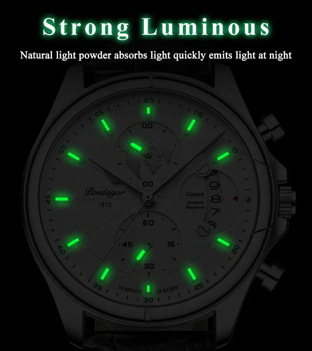 POEDAGAR luxury men's wristwatch with leather strap, chronograph, date, and glowing green luminous markers