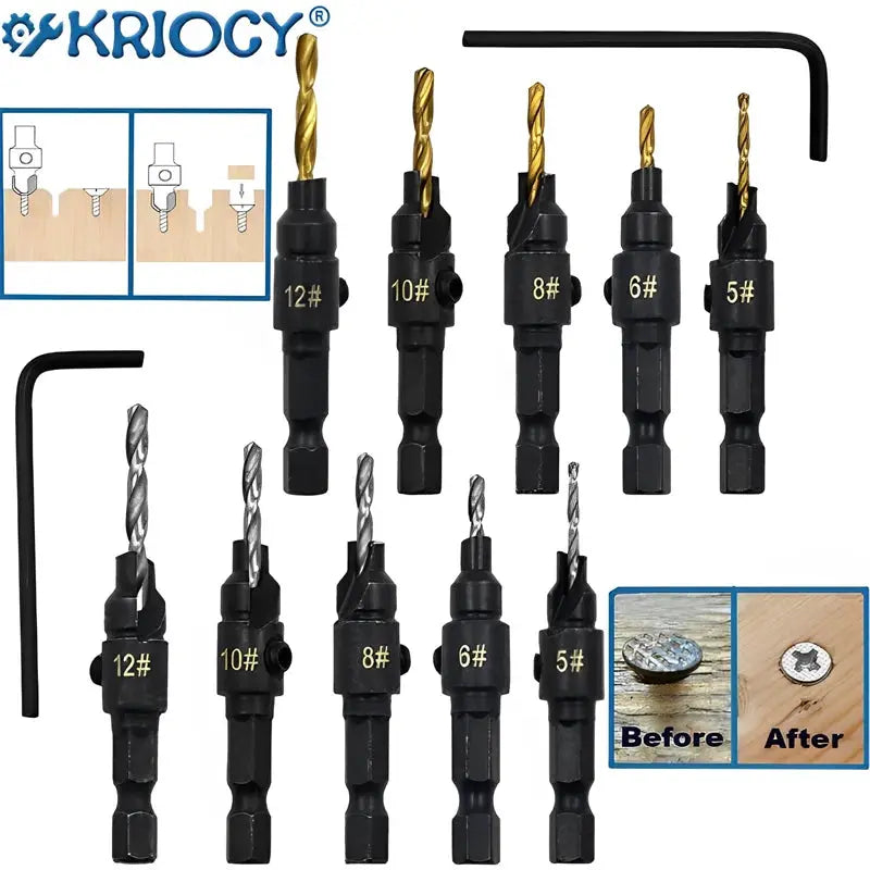 5 Piece Countersink Drill Bit Set For Woodworking With Pilot Holes For Screw Sizes 5 6 8 10 12