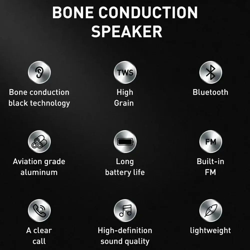 Simples Market bone conduction Bluetooth speaker with TWS and FM radio, aviation-grade aluminum, long battery life.
