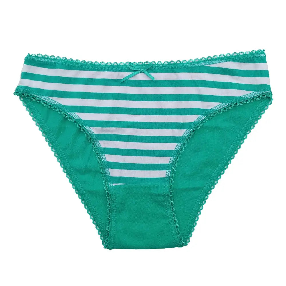 Women's cotton striped bikini panties in teal with white stripes, lace trim and small bow