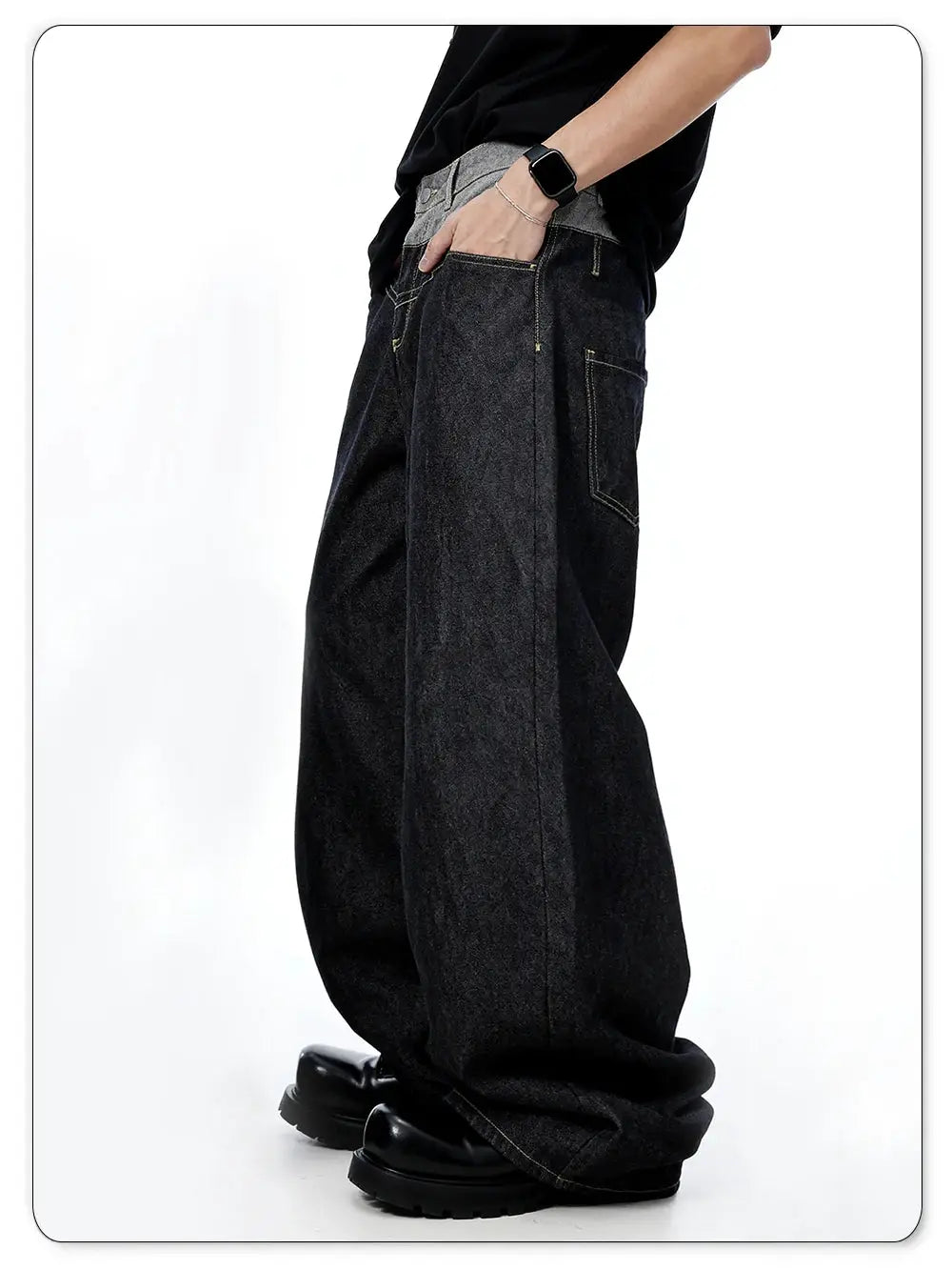 LIYS men's retro double-waist baggy wide-leg denim jeans, dark wash with light gray waistband