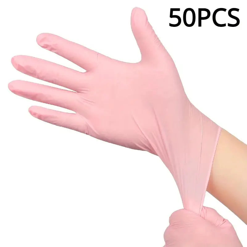 Disposable nitrile gloves, light pink, 50 pcs, waterproof and anti-static for kitchen use.
