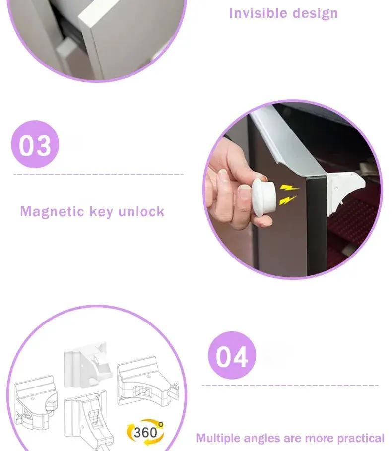 Baby safety lock; white magnetic cabinet/drawer latch with invisible design and magnetic key unlock, 360° angles