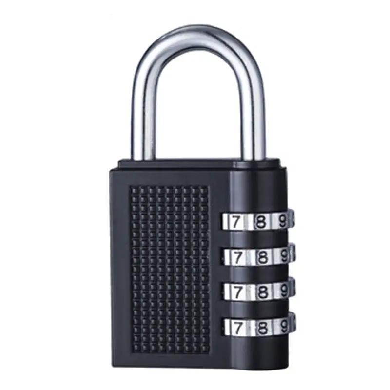 Padlock four-digit zinc-alloy combination with four rotating dials for luggage and outdoor security, black.